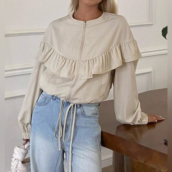 Women's Cream Ruffle Jacket - Picture 2 of 9